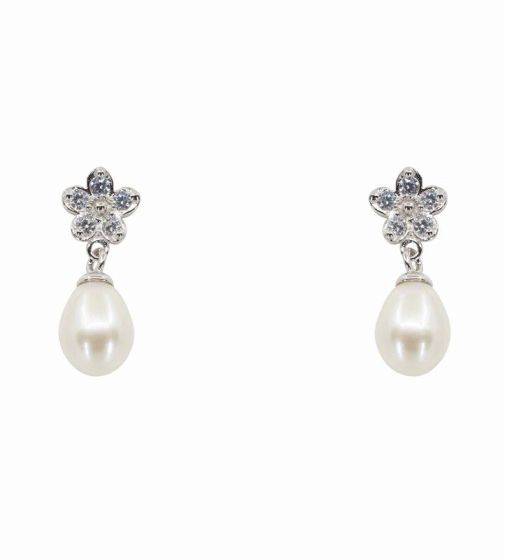 Silver Clear CZ & Freshwater Pearl Drop Earrings