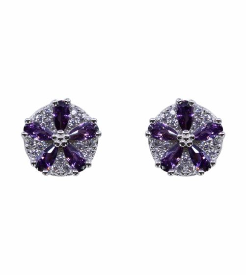 Rhodium plated sterling Silver flower design stud earrings with Clear and Amethyst cubic zirconia stones.
