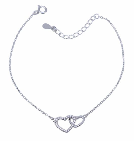 Rhodium plated sterling Silver interlocking hearts design bracelet with Clear cubic zirconia stones.
