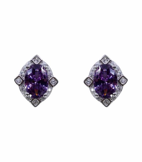 Rhodium plated sterling Silver stud earrings with Clear and Amethyst cubic zirconia stones.

