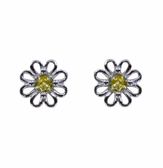 Rhodium plated sterling Silver flower design stud earrings with Jonquil cubic zirconia stones.
