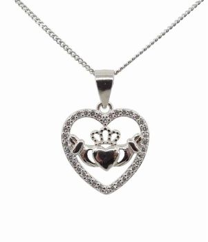 Silver Clear CZ Claddagh Heart Pendant