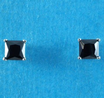 Silver Black Square CZ Stud Earrings