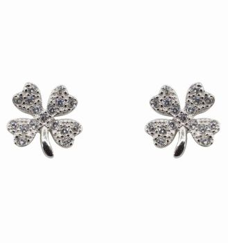 Silver Clear CZ 4-Leaf Clover Stud Earrings 
