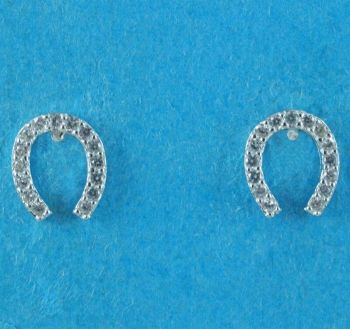 Silver Clear CZ Lucky Horseshoe Stud Earrings