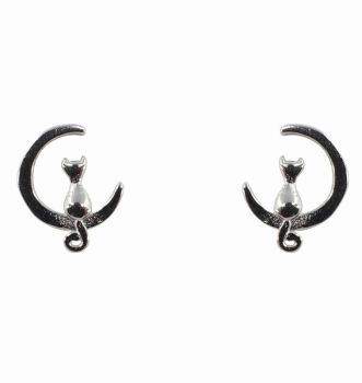 Silver Cat & Moon Stud Earrings 