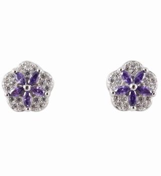 Silver Clear & Amethyst CZ Flower Stud Earrings 