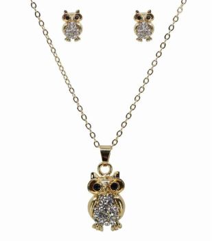 Diamante Owl Pendant & Pierced Stud Earring Set