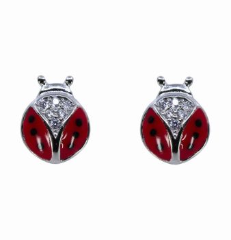 Silver Clear CZ & Enamelled Ladybird Stud Earrings