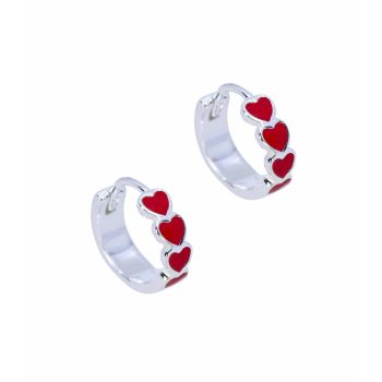 Silver Red Enamel Heart Huggie Earrings 