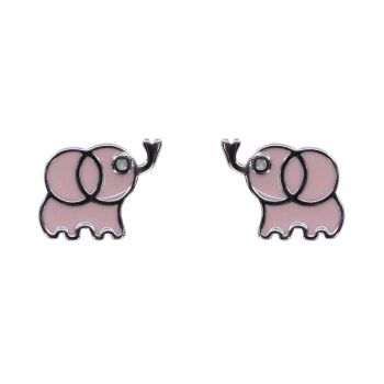 Silver Jet CZ & Pink Enamel Elephant Stud Earrings