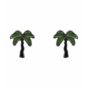 Silver Green Enamelled Palm Tree Stud Earrings