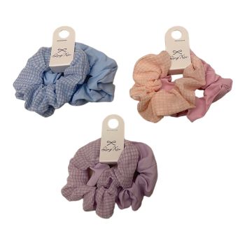 Summer Plain And Gingham Summer Scrunchies Two On a Card -(£0.60 Per Pair )