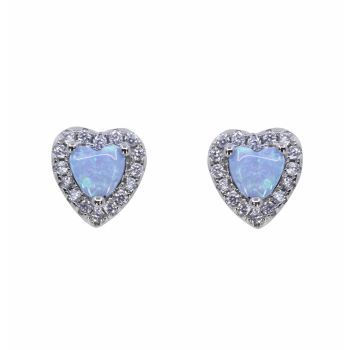 Silver Clear CZ & Blue Opal Heart Stud Earrings 