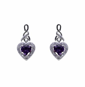 Rhodium plated sterling Silver heart design drop earrings with Clear and Amethyst cubic zirconia stones.