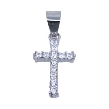 Rhodium plated sterling Silver cross pendant with Clear cubic zirconia stones.

