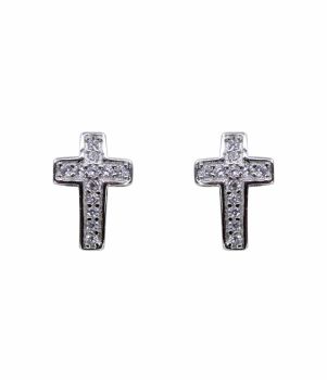 Rhodium plated sterling Silver cross design stud earrings with Clear cubic zirconia stones.
