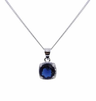 Rhodium plated sterling Silver pendant with Clear and Sapphire cubic zirconia stones.
