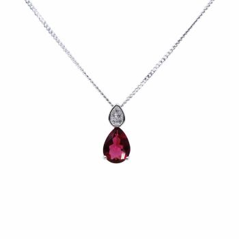 Rhodium plated sterling Silver pendant with Clear and Garnet cubic zirconia stones.
