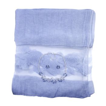 Ladies occasion set includes a Blue bell colour floral design evening shawl, and matching Floral design necklace and stud earring set, decorated with coloured enamelling and genuine Clear crystal stones.
