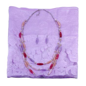 Ladies occasion set includes Lilac floral design evening shawl, and matching acrylic bead and faceted glass bead necklace and pierced drop earrings set.

