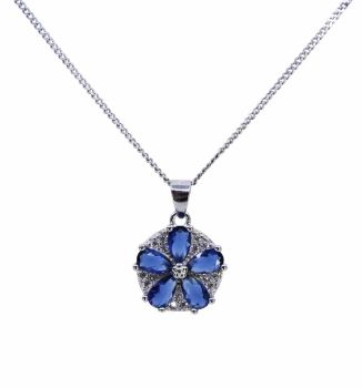 Rhodium plated sterling flower design pendant with Clear and Sapphire cubic zirconia stones.
