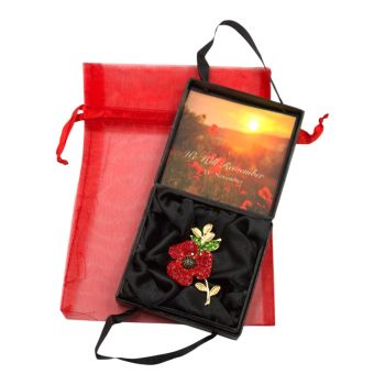 Boxed Diamante & Enamelled Poppy Brooch