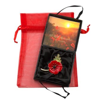 Boxed Diamante & Enamelled Poppy Brooch