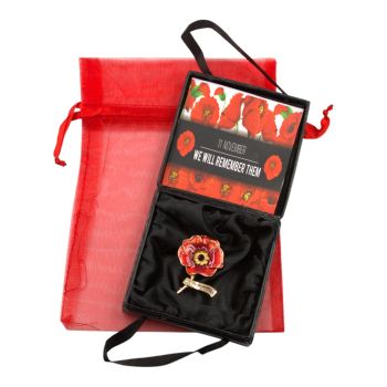 Boxed Diamante & Enamelled Poppy Brooch