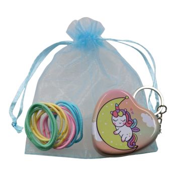 Assorted Unicorn Heart Tin Keyrings & Elastics Set