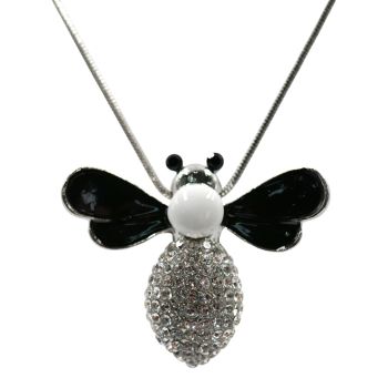 Rhodium colour plated, bee design pendant with Black and White enamelling and genuine Clear crystal stones.
