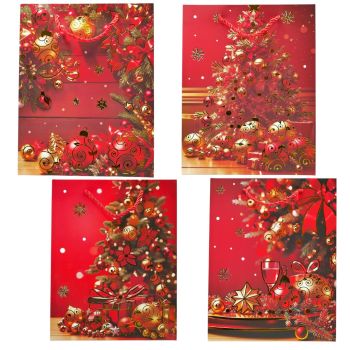 Christmas themed paper gift bags with twisted rope handles.

