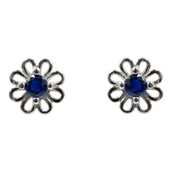 Rhodium plated sterling Silver flower design stud earrings with Sapphire cubic zirconia stones.
