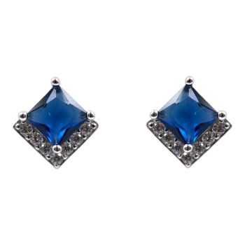 Rhodium plated sterling Silver stud earrings with Clear and Sapphire cubic zirconia stones.
