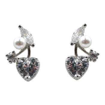 Rhodium plated sterling Silver heart stud earrings with Clear cubic zirconia stones and a pearl.
