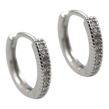Rhodium plated sterling Silver huggie hoop earrings with Clear cubic zirconia stones.
