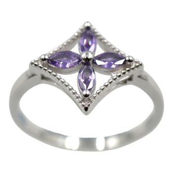 Rhodium plated sterling Silver ring with Amethyst cubic zirconia stones.
