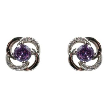 Rhodium plated sterling Silver stud earrings with Clear and Amethyst cubic zirconia stones.
