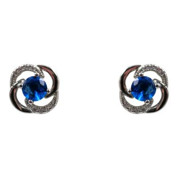 Rhodium plated sterling Silver stud earrings with Clear and Sapphire cubic zirconia stones.
