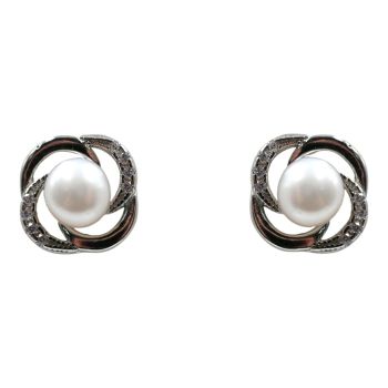 Rhodium plated sterling Silver stud earrings with Clear cubic zirconia stones and fresh water pearls.
