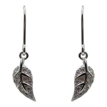 Rhodium plated sterling Silver leaf design drop earrings with Clear cubic zirconia stones.
Measuring approx. 2.5cm long x 0.5cm wide.
