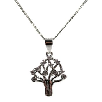 Rhodium plated sterling Silver tree of life design pendant with Clear cubic zirconia stones.
