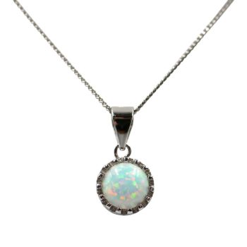 Rhodium plated sterling Silver pendant with Clear cubic zirconia stones and a synthetic White opal stone.
