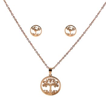 Stainless Steel Tree Of Life Pendant & Pierced Stud Earring Set