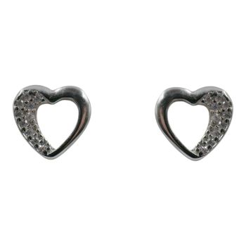 Rhodium plated sterling Silver heart design stud earrings with Clear cubic zirconia stones.
