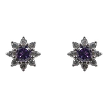 Rhodium plated sterling Silver stud earrings with Clear and Amethyst cubic zirconia stones.
