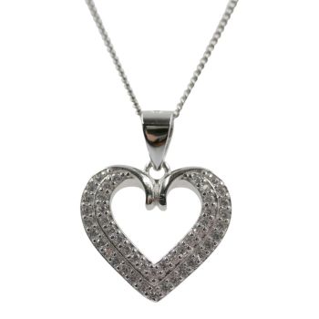 Rhodium plated sterling Silver heart pendant with Clear cubic zirconia stones.
