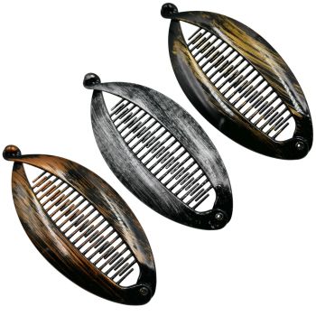 Black coloured acrylic banana clip with a brushed metallic effect.
