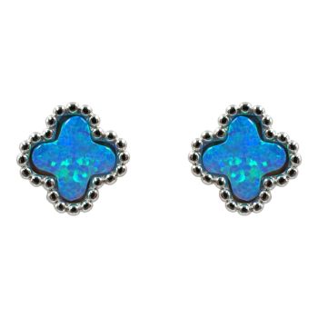 Rhodium plated sterling Silver flower design stud earrings with synthetic Blue Opal.
Measuring approx 0.6cm in diameter.