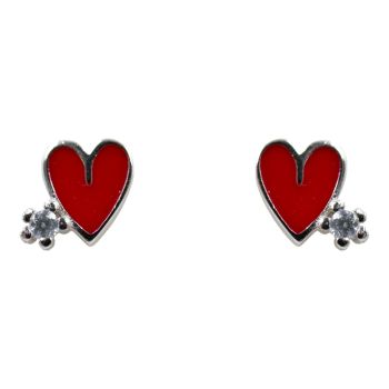 Rhodium plated sterling Silver heart design stud earrings with a Clear cubic zirconia stone and Red enamelling.
